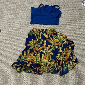 Blue and Yellow Bubble Midi Skirt with Ruffled Tiers and blue top